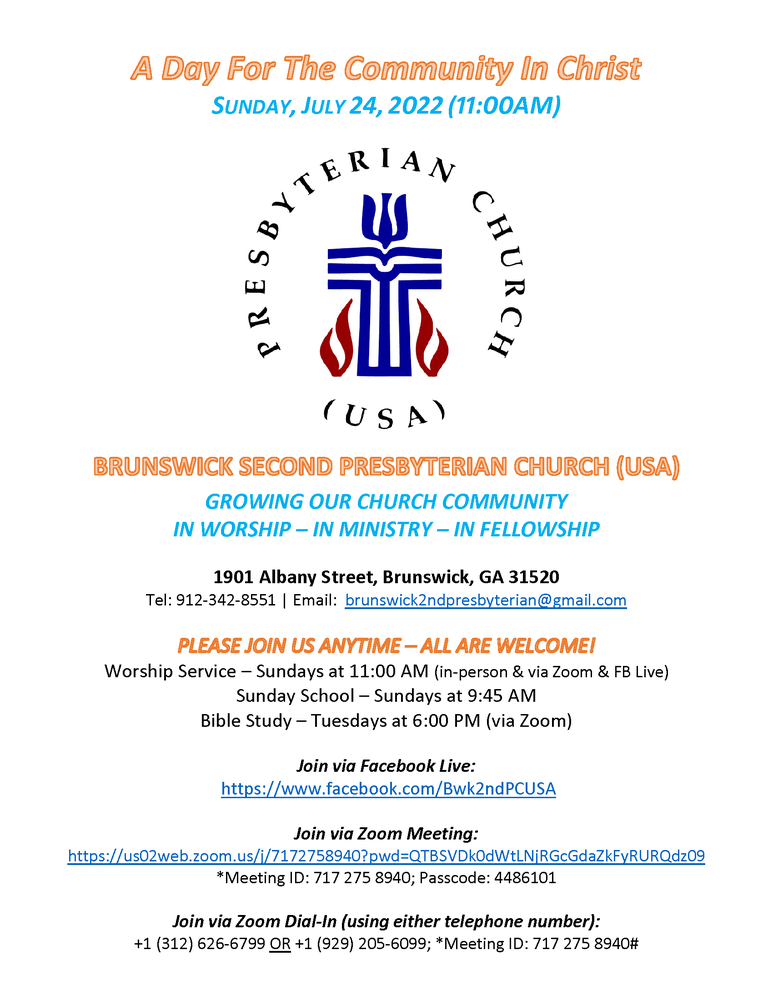 A flyer for Brunswick Second Presbyterian Church with the date, time, and location