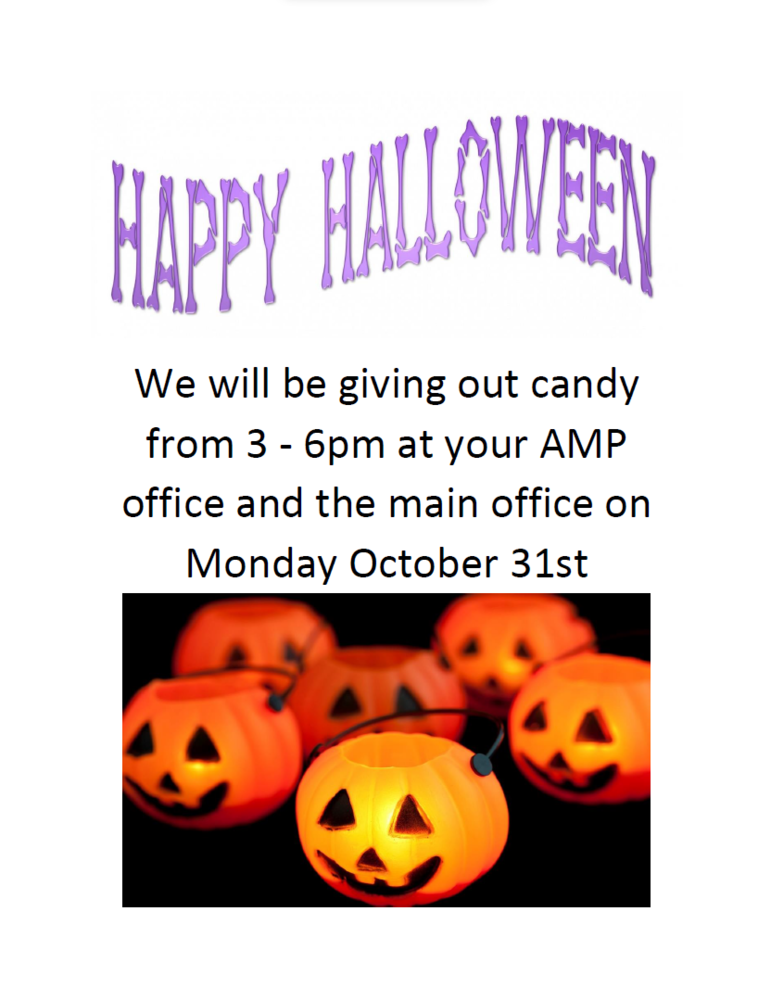 Flyer for Halloween describing when and where candy will be given out